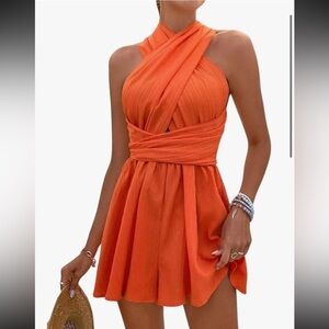 Amazon Orange Ruched Halter Sundress